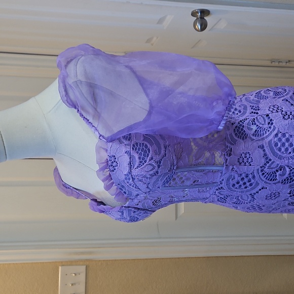 Purple Lace Sheer Corset Bodycon Mini Dress with Puff Sheer Short Sleeves - Picture 5 of 9